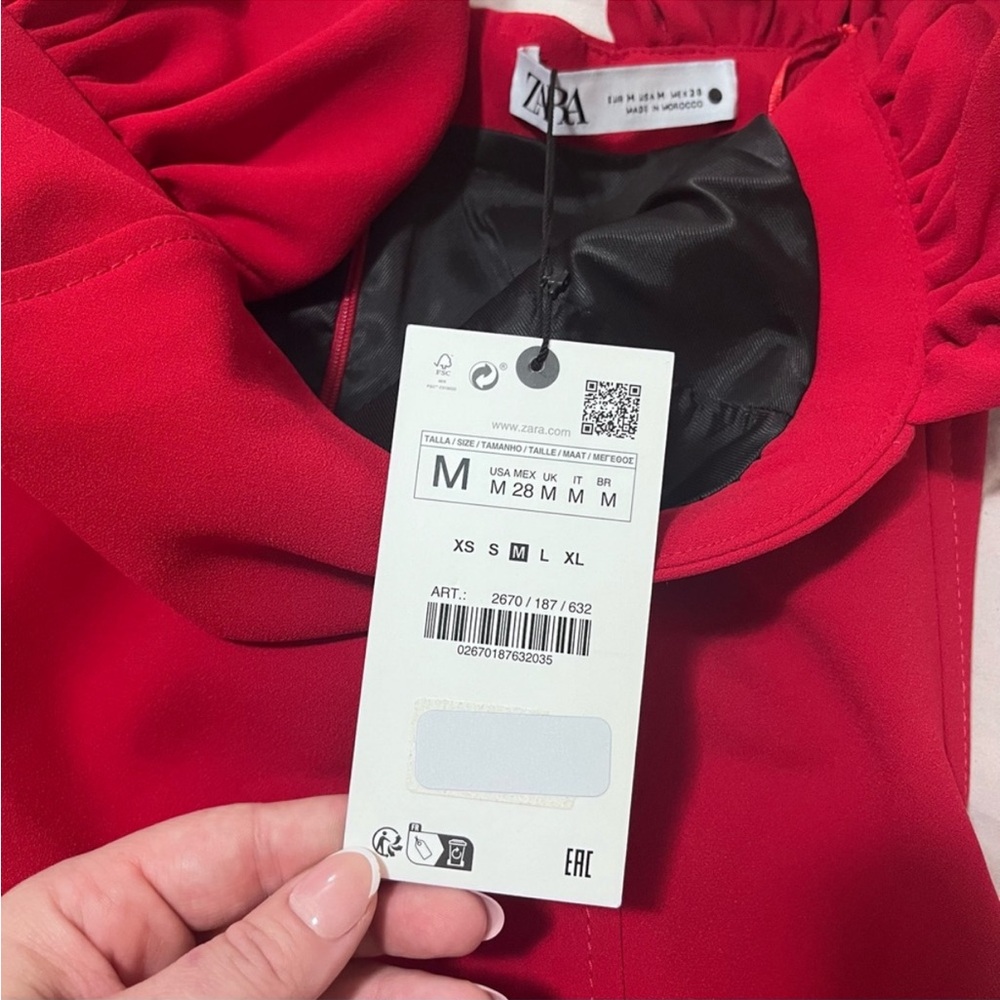 Zara Sweetheart Off the Shoulder Puff Sleeve Red Valentine’s Day Mini Dress M - Picture 11 of 14
